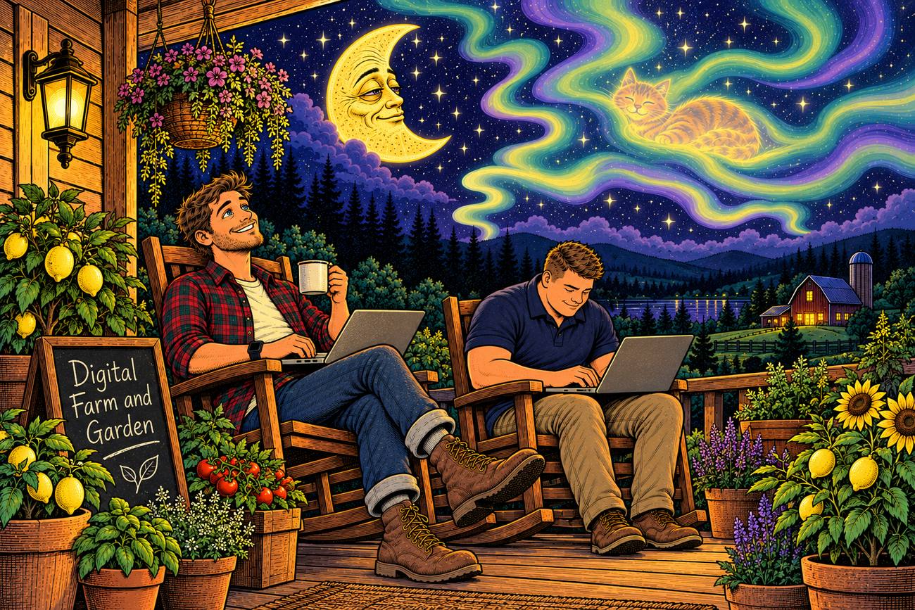 Hand-inked night scene: two friends in rocking chairs code on laptops on a farmhouse porch, one sipping coffee and smiling up at a crescent moon, the other typing in a navy polo, with lemon trees, sunflowers, tomatoes, a chalkboard that reads Digital Farm and Garden, and an aurora where a sleepy orange cat curls up.